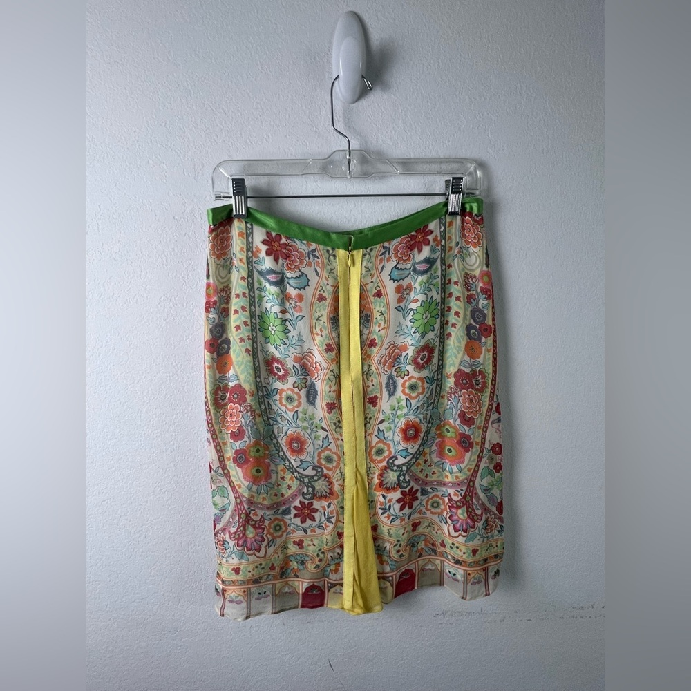 Etcetera Silk Yellow Green Orange Floral Ribbon Pleated Flouncy Skirt